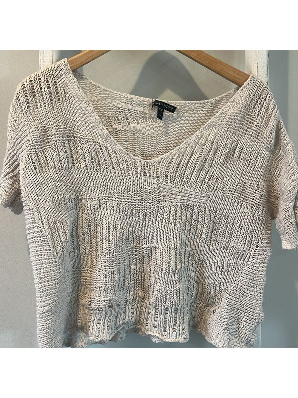 Eileen fisher cream organic cotton open weave Vneck lightweight sweater medium - Picture 2 of 7
